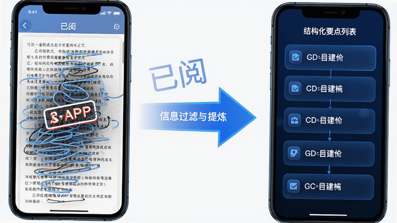 展示“已阅”APP摘要生成过程的示意图,左侧为杂乱的文字流,右侧为清晰的结构化要点列表,中间有箭头连接,体现信息过滤与提炼的过程,风格现代科技感,蓝色调,清晰易读,无水印