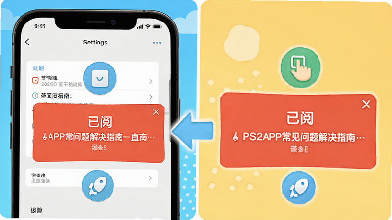 “已阅”APP常见问题解决指南插图,展示手机设置界面与错误提示框,配有清晰的步骤指引图标,风格友好易懂,色彩明亮,无复杂背景