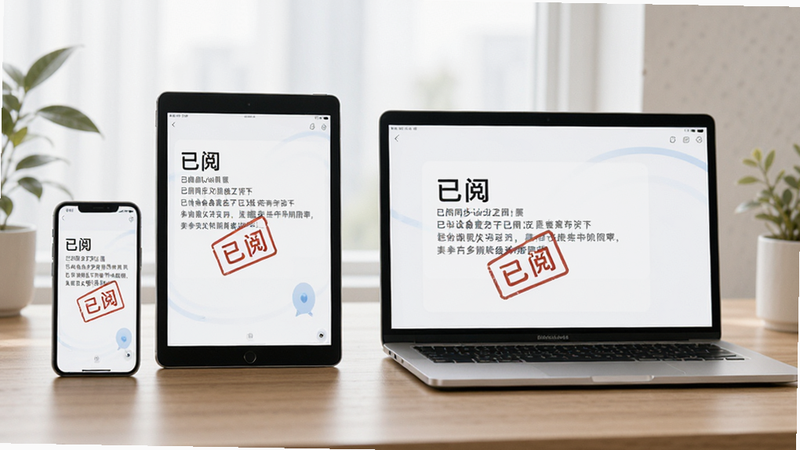 展示“已阅”多设备同步概念图,手机、平板与笔记本电脑屏幕同时显示相同的摘要内容,背景为办公桌面,光线柔和,体现数据同步的便捷性,现代简约风格,高清画质