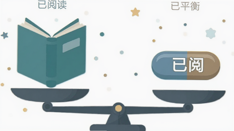 概念对比图,左侧为“已阅读”的完整书籍图标,右侧为“已阅”的精炼胶囊图标,中间用天平平衡连接,体现效率与深度的平衡,简约扁平化风格,色彩协调,无文字干扰