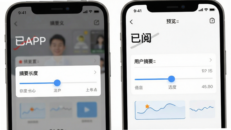 “已阅”APP设置界面预览,展示摘要长度滑块调节功能,界面简洁直观,字体清晰,背景为白色,突出用户自定义选项,高保真UI设计,无多余元素