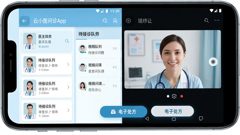 一张展示云小医问诊App核心界面全景的UI设计图,主体为Android手机端屏幕,界面分为左右两栏,左侧为医生列表与待接诊队列,右侧为正在进行的视频问诊窗口,下方悬浮着电子处方开具按钮,背景为干净的浅蓝色医疗风格,扁平化设计,无多余装饰,高清矢量风格,文字清晰可见