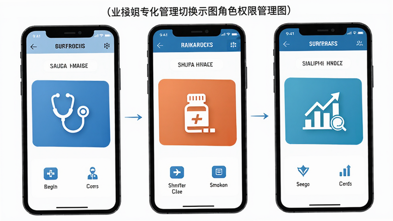 展示不同角色权限切换的示意图,三个手机屏幕并排,分别显示医生端、药师端、管理端的差异化界面,每个界面突出核心功能图标,如听诊器、药瓶、图表,风格统一,排版整齐,体现专业化管理