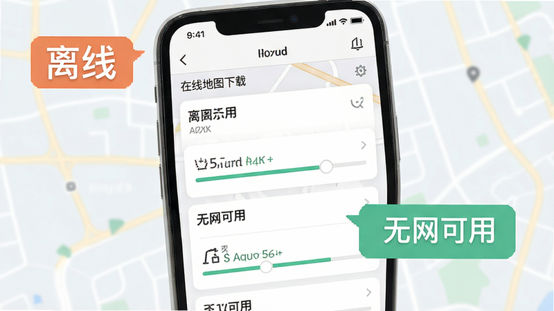 主体为手机应用界面,显示离线地图下载列表,背景为浅色扁平化设计,突出“离线”、“无网可用”文字标签,布局清晰,风格清新,细节展示数据大小和下载进度条,画质高清,干净