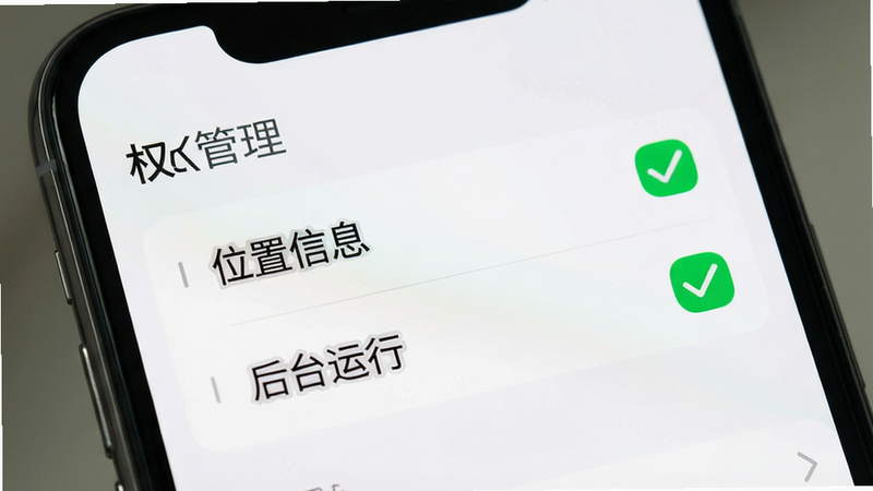 主体为手机设置界面,显示权限管理选项,背景为白色,突出“位置信息”、“后台运行”勾选框,布局清晰,风格简洁,细节显示绿色对勾,画质清晰,干净无多余元素