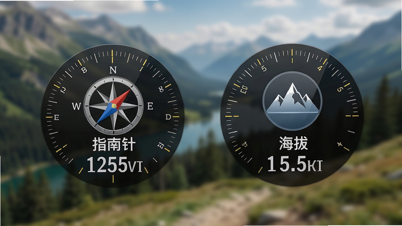 主体为手机界面,显示指南针和海拔读数,背景为户外自然景观虚化,突出“指南针”、“海拔”功能图标,布局左右对称,风格专业严谨,细节显示数字刻度,画质锐利,干净