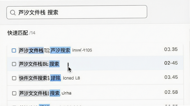 主体为芦汐文件栈快速搜索界面,布局为顶部搜索框加下方快速匹配结果列表,排版紧凑高效,风格为极简白色背景,细节突出搜索光标与高亮关键词,画质清晰,干净,无多余元素,文字包含'芦汐文件栈 搜索'