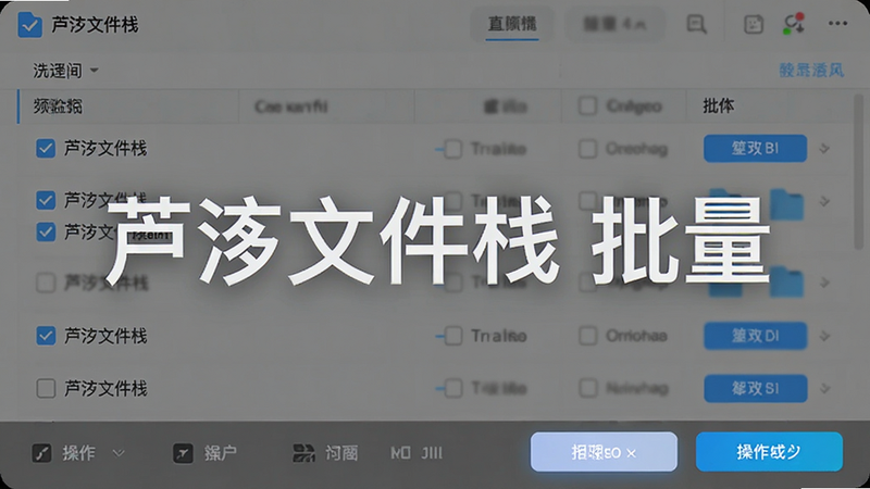 主体为芦汐文件栈批量选择界面,布局为文件列表加底部操作栏,排版清晰明了,风格为亮色UI设计,细节显示复选框与操作按钮高亮效果,画质逼真,干净,无多余元素,文字包含'芦汐文件栈 批量'