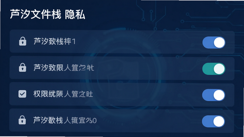 主体为芦汐文件栈隐私设置页面,布局为列表式选项加右侧开关按钮,排版严谨规范,风格为深蓝色商务科技风,细节展示锁形图标与权限勾选状态,画质细腻,干净,无多余元素,文字包含'芦汐文件栈 隐私'