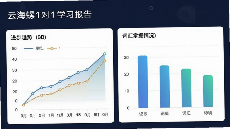 云海螺在线1对1学习报告页面,展示折线图显示进步趋势,柱状图显示词汇掌握情况,数据可视化清晰,配色专业,布局规整