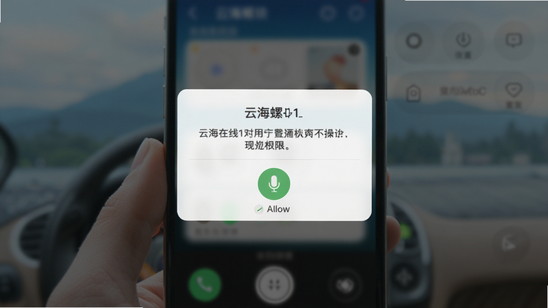 云海螺在线1对1手机操作界面,显示设置权限弹窗,用户点击允许麦克风,背景虚化,突出操作重点,风格写实,清晰度高