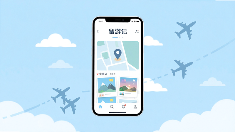 主体:一部现代智能手机悬浮在浅蓝色天空背景中,手机屏幕显示着“留游记”APP的首页界面,界面简洁,有地图定位点和照片缩略图;布局:手机居中,周围点缀着简单的云朵和飞机剪影,营造旅行氛围;排版:视觉中心集中在手机屏幕内容;风格:清新、扁平化、简约插画风;细节:屏幕上的UI元素清晰可见,色彩柔和,以白色和淡蓝色为主;画质:高清,干净,无多余元素,文字显示为“留游记”
