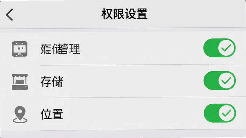 主体:手机设置界面截图风格,显示“权限管理”页面,高亮显示“存储”和“位置”权限已开启的状态;布局:列表式设置项,清晰直观;排版:左侧图标右侧文字,重点权限打勾;风格:系统原生UI风格,简洁严肃;细节:勾选标记为绿色,背景为浅灰色;画质:高清,干净,无多余元素,文字显示为“权限设置”