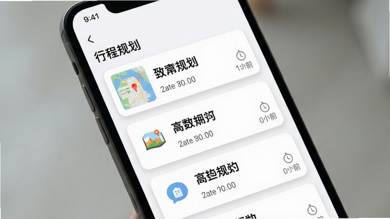 主体:手机屏幕特写,显示“留游记”APP内的行程规划界面,列表形式展示多个景点卡片,每个卡片包含图标、名称和时间;布局:垂直列表布局,卡片间距适中;排版:清晰易读,关键信息加粗;风格:现代UI设计,简洁明了;细节:卡片背景为白色,阴影效果自然,地图小缩略图在左侧;画质:高清,干净,无多余元素,文字显示为“行程规划”