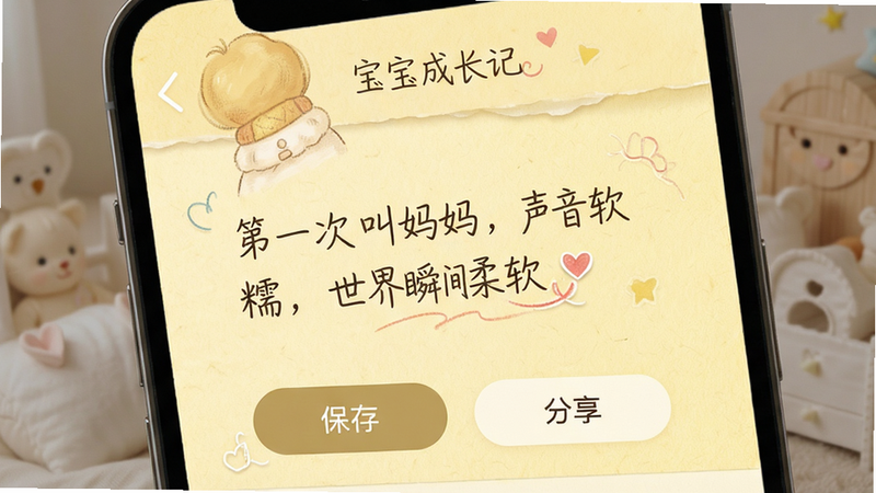 '宝宝成长记'App内的文案编辑界面,显示一段温馨的记录文字:“第一次叫妈妈,声音软糯,世界瞬间柔软”,下方有“保存”和“分享”按钮,背景为淡黄色纸张质感,字体优雅,突出'文案'和'情感'氛围,高清细腻,无杂乱元素