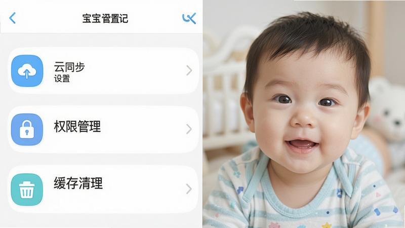 '宝宝成长记'App的设置界面截图,显示'云同步'、'权限管理'、'缓存清理'等选项,界面布局整洁,图标清晰,背景为白色,突出'设置'和'管理'功能,高清画质,无多余干扰元素