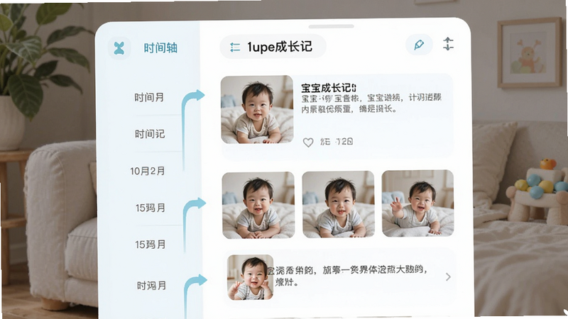 展示'宝宝成长记'App的时间轴功能界面,左侧为垂直滚动的日期列表,右侧对应显示该日的照片网格和文字摘要,界面风格简洁现代,配色清新,突出'时间轴'和'照片'元素,高清渲染,无杂乱背景