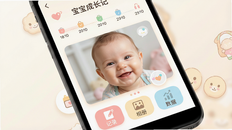 一张温馨风格的手机应用界面展示图,主体为'宝宝成长记'App主页,界面采用柔和的马卡龙色系,顶部显示日历时间轴,中间区域展示宝宝微笑的高清照片,底部有'记录'、'相册'、'数据'三个图标按钮,背景为干净的米白色渐变,画质高清,无多余元素,文字'宝宝成长记'清晰可见