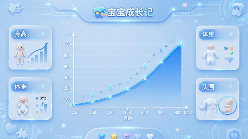 '宝宝成长记'App的数据统计页面,中央显示一条平滑上升的蓝色生长曲线图,横轴为月龄,纵轴为体重数值,周围环绕着'身高'、'体重'、'头围'的数据卡片,背景为浅蓝色科技风,清晰标注'宝宝成长记'Logo,细节精致,画质极佳