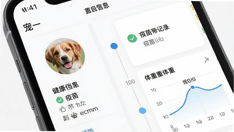 主体为手机界面特写,展示“宠一”APP内的健康档案页面,布局左侧为宠物头像与基本信息,右侧为时间轴形式的记录列表,排版紧凑有序,风格现代简约,细节包含打勾的疫苗记录和体重曲线图,画质清晰,干净,无多余元素