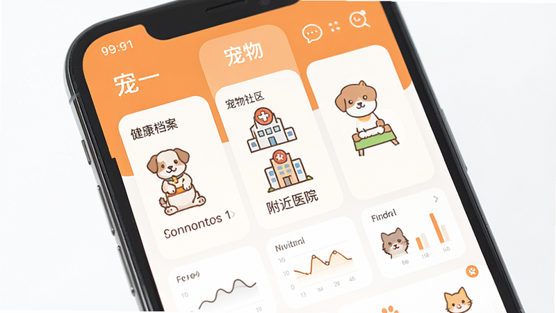 主体为智能手机屏幕,显示“宠一”APP首页界面,布局清晰分为“健康档案”、“附近医院”、“宠物社区”三个模块,排版采用扁平化设计风格,色彩以温馨的暖橙色和白色为主,细节包含卡通宠物图标和简洁的数据图表,画质高清,干净,无多余元素