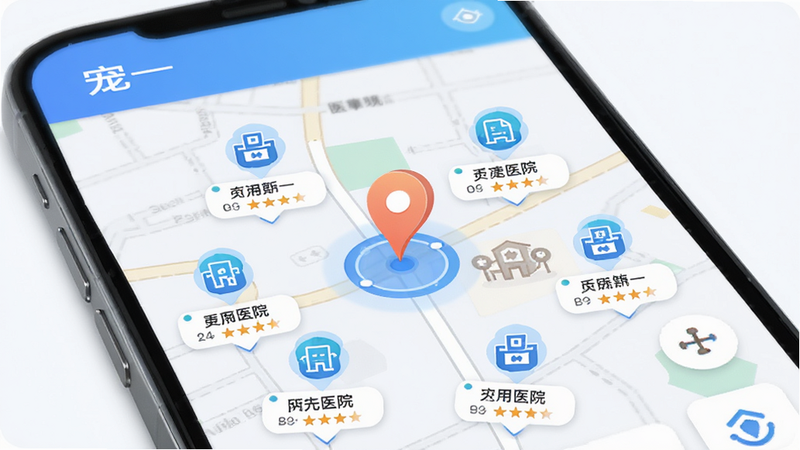 主体为手机地图界面,显示“宠一”APP的附近医院功能,布局中心为定位点,周围分布多个医院图标,排版直观明了,风格科技感与亲和力结合,细节包含距离标注和星级评价,画质锐利,干净,无多余元素