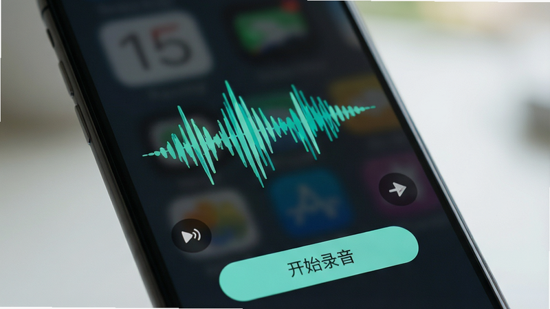 手机屏幕特写,显示语音录制界面,中央是一个动态的声波图形,颜色为清新的青绿色,底部有“开始录音”按钮,背景虚化,突出屏幕内容,风格扁平化,细节清晰,画质高清,干净