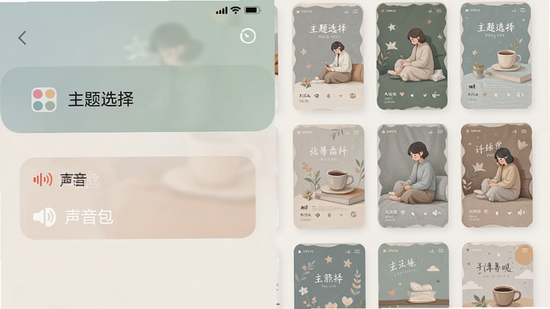 手机设置界面截图,显示“主题选择”和“声音包”选项,界面色调为柔和的莫兰迪色系,右侧有一列精美的主题缩略图,排版整齐,风格温馨舒适,细节丰富,画质细腻,干净