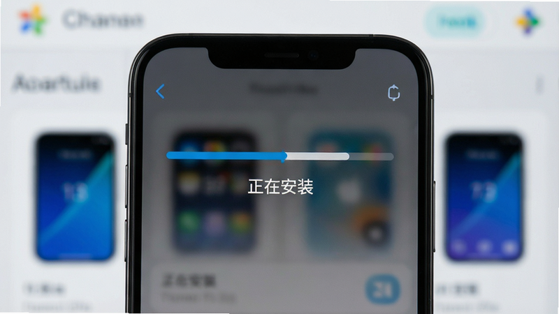 手机安装界面截图,显示进度条和“正在安装”字样,背景为模糊的应用商店界面,主体突出,风格写实,细节清晰,画质标准,干净