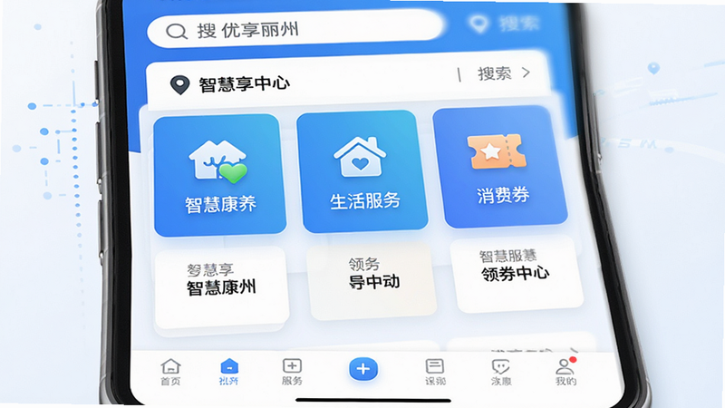 主体为优享丽州手机应用主界面展示,布局采用卡片式模块化设计,顶部显示搜索栏和地理位置,中部突出显示“智慧康养”、“生活服务”、“消费券”三个核心功能入口图标,底部为导航栏,风格为现代扁平化UI设计,色调以清爽的蓝白色为主,细节处体现科技感与服务温度,画质高清,干净无多余元素,文字标注
