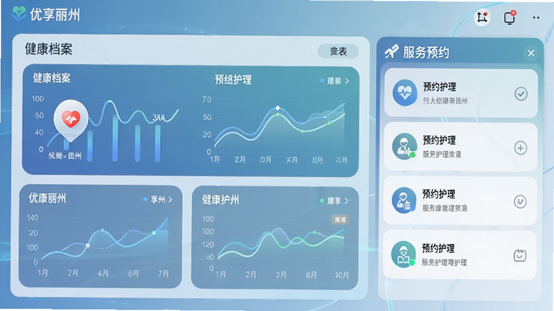 主体为优享丽州应用内的智慧康养模块界面,布局分为左右两栏,左侧为健康数据仪表盘,右侧为服务预约列表,风格为医疗科技风,色调柔和,细节包含心形图标和数据曲线,画质精细,干净无多余元素,文字标注