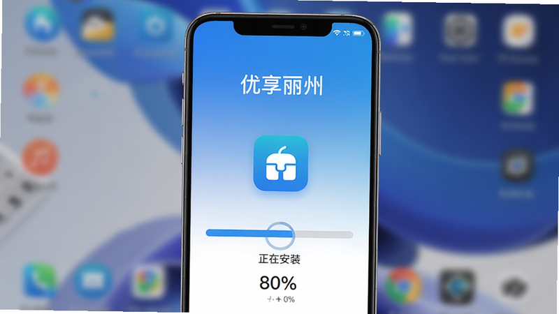 主体为优享丽州安卓应用安装过程示意图,布局为手机屏幕中央显示进度条和安装图标,背景为模糊的桌面壁纸,风格为简洁科技感,色调为蓝白渐变,细节显示安装进度百分比,画质清晰,干净无多余元素,文字标注
