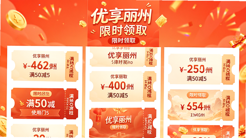 主体为优享丽州消费券领取页面,布局为瀑布流展示各种券面,背景有轻微的金币和礼花元素,风格为活泼促销风,色调以橙红色为主,细节显示券面金额和使用门槛,画质明亮,干净无多余元素,文字标注