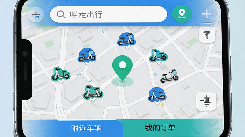 ���߳���APP��ͼ����չʾ��������һ����ɫ�Ķ�λ��ǣ���Χɢ���Ŷ�������絥����Сͼ�꣬��ͼ����Ϊǳ��ɫ�ĳ��нֵ�ͼ�����涥�����������Ͷ�λ��ť���ײ��С������������͡��ҵĶ�������ǩ����������ִ���Լ��ɫ��������Ϊ����ϸ�ڷḻ��������Ⱦ
