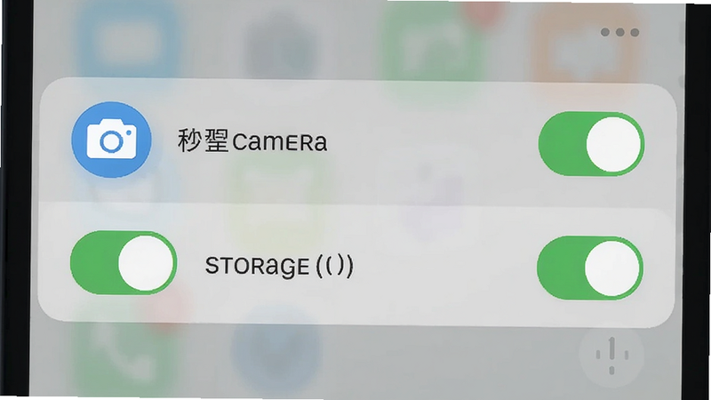 主体为手机设置权限界面,高亮显示相机和存储权限开关,背景为半透明,风格扁平化,清晰直观,高清,干净,无多余元素