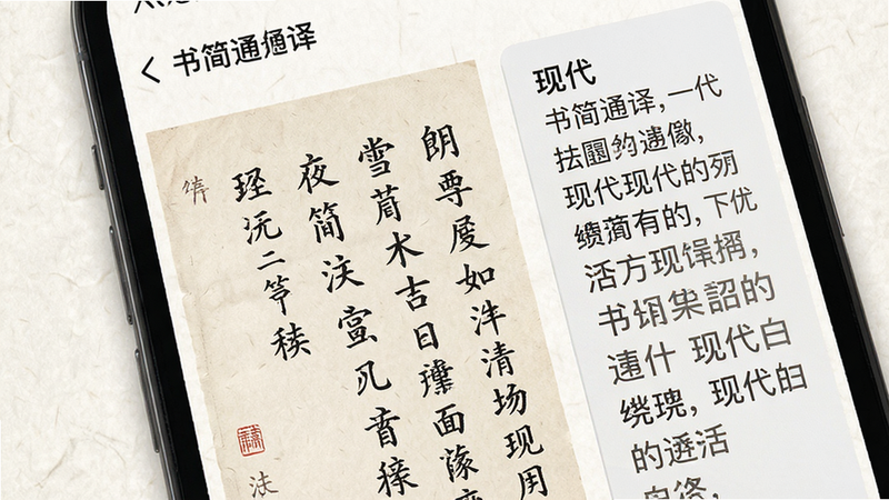 主体为手机屏幕特写,显示“书简通译”App界面,屏幕中央是一页竖排繁体古文,右侧分栏显示对应的现代白话文翻译,背景为淡雅的宣纸纹理,整体风格为中式极简主义,高清,干净,无多余元素