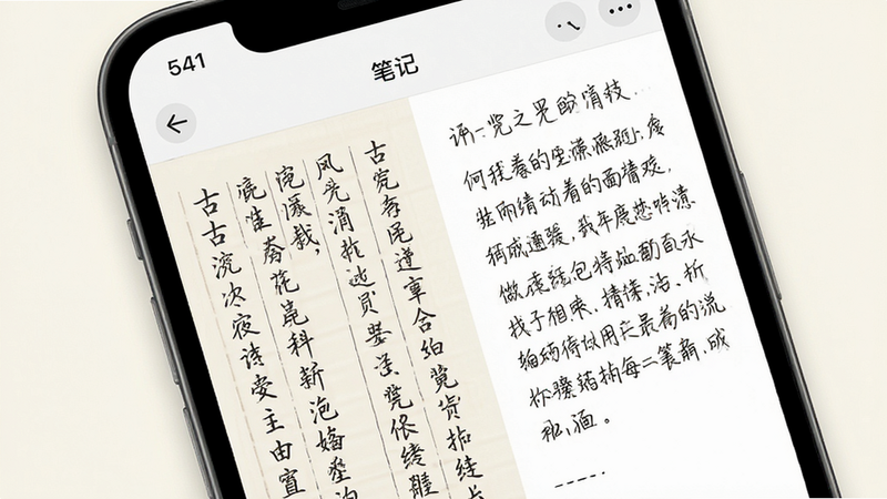 主体为手机界面展示笔记功能,左侧是古文,右侧是用户手写的批注笔记,界面布局清晰,字体优雅,背景为柔和的米白色,风格现代简约,高清,干净,无多余元素