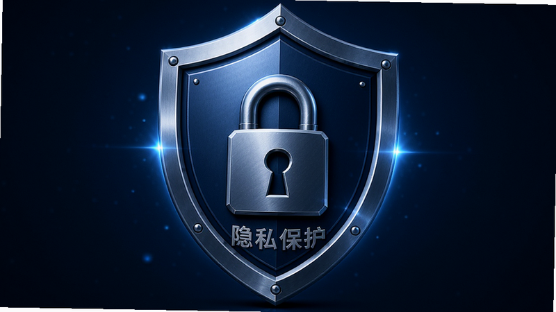 主体为盾牌与锁头图标,布局中心对称,排版严谨,风格深蓝金属质感,细节显示保护光效,画质细腻,干净,无多余元素,文字