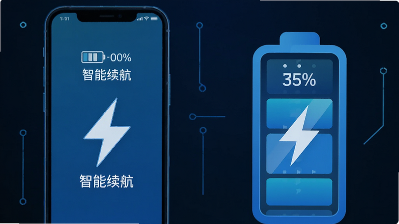 主体为智能手机与电池图标组合,布局左右对称,排版简约,风格科技蓝调,细节显示电量百分比与闪电符号,画质高清,干净,无多余元素,文字