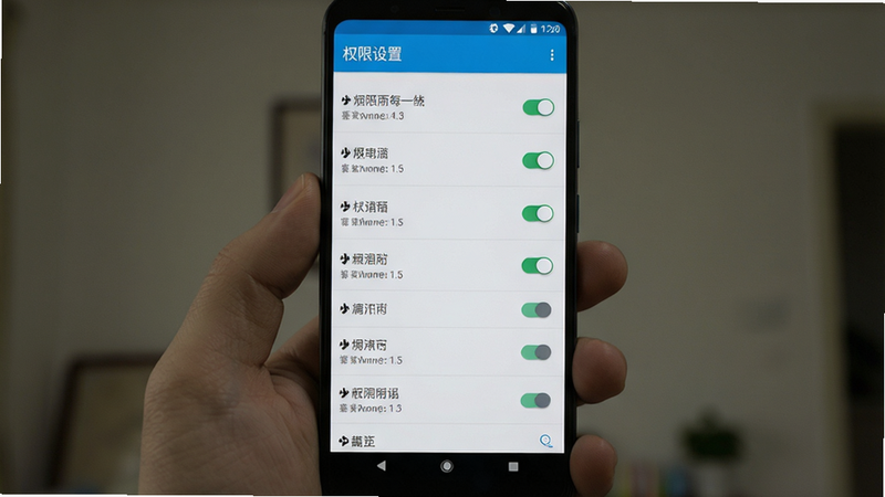 主体为手机设置界面截图,布局垂直排列,排版清晰,风格安卓原生,细节显示权限开关状态,画质清晰,干净,无多余元素,文字