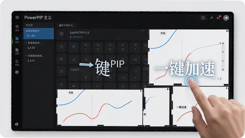 主体为PowerPIP主界面操作演示,布局左右分栏,排版简洁,风格现代,细节显示手指点击动作,画质高清,干净,无多余元素,文字
