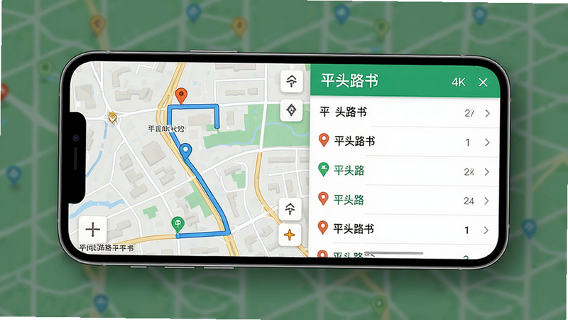 平头路书应用界面全景展示,主体为手机屏幕,布局清晰,左侧显示地图路线,右侧为列表详情,排版整洁,风格现代简约,细节包含道路标记与POI图标,画质高清,干净无多余元素,文字包含