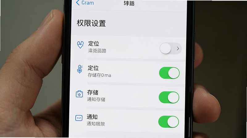手机屏幕显示平头路书设置界面,主体为权限管理列表,布局为垂直列表,排版清晰,风格扁平化,细节显示定位、存储、通知权限开关状态,画质高清,干净,文字包含