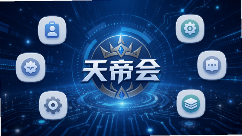 天帝会APP主界面展示,蓝色科技风背景,中央显示'天帝会'Logo,周围环绕功能图标,高清,干净,无多余元素