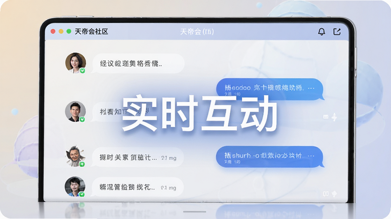 天帝会社区聊天界面预览,显示多个用户头像和对话气泡,背景柔和,突出'实时互动'字样,风格现代