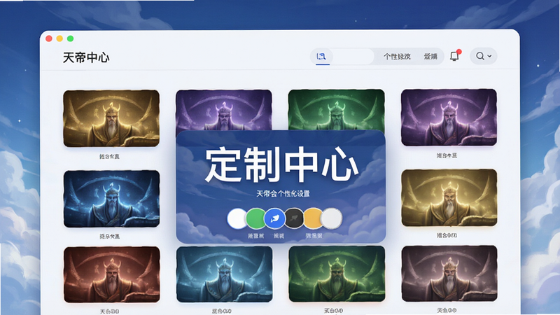 天帝会个性化设置页面,展示多种颜色主题切换效果,中间突出'定制中心'标题,界面清爽,细节精致