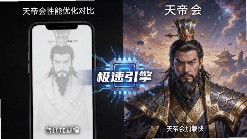 天帝会性能优化对比图,左侧显示普通APP加载慢,右侧显示天帝会加载快,标注'极速引擎',直观对比,高清