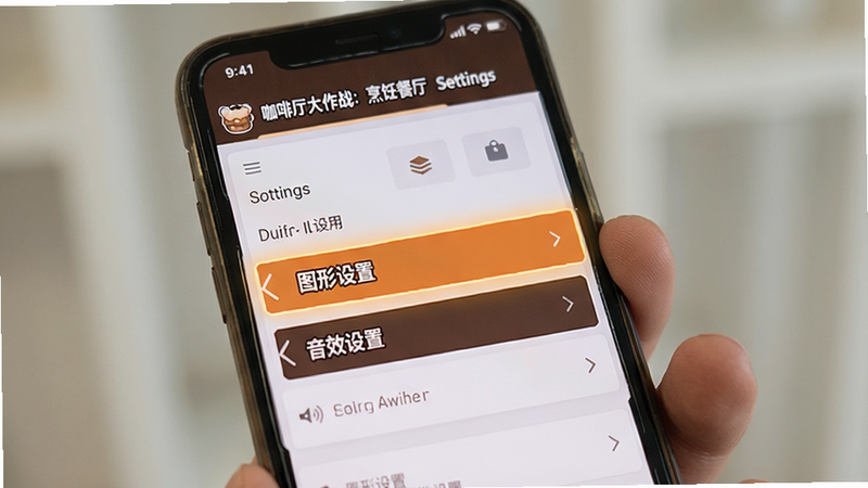 主体为手机屏幕截图,显示《咖啡厅大作战:烹饪餐厅》的设置界面,重点高亮“图形设置”和“音效设置”选项,布局简洁,风格为UI界面设计,细节清晰,画质锐利