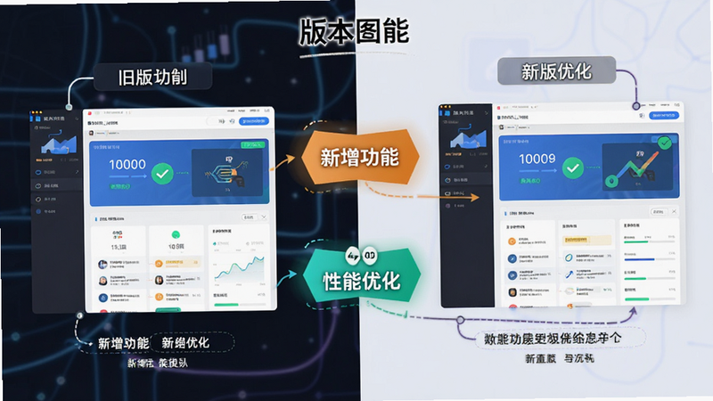 主体为版本对比图表,左侧显示旧版界面,右侧显示新版界面,中间标注“新增功能”和“性能优化”,风格为信息图表,布局对称,色彩对比鲜明,细节标注清晰,画质专业