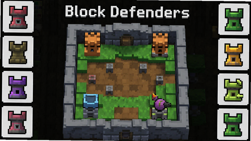 ����ΪBlock Defenders��Ϸ�����棬����Ϊ����չʾ������ս������Χ���Ʒ�����ͼ�꣬�Ű����룬���Ϊ�������ط磬ϸ��������ʾ��ͬ��ɫ�ķ�������������ʸ��壬�ɾ����޶���Ԫ�أ�����